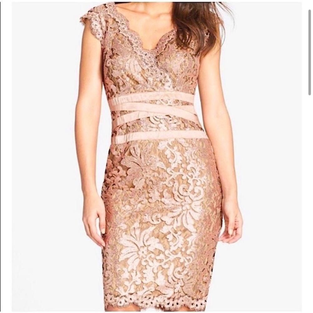 Tadashi Shoji Womens Size 8 Dusty Rose Gold Paillette Sequins Lace Sheath Dress